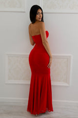 red strapless ruched maxi dress with flared hem