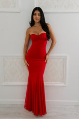 red strapless ruched maxi dress with flared hem