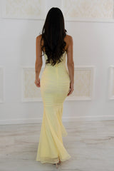 Yellow strapless ruched maxi dress with flared hem