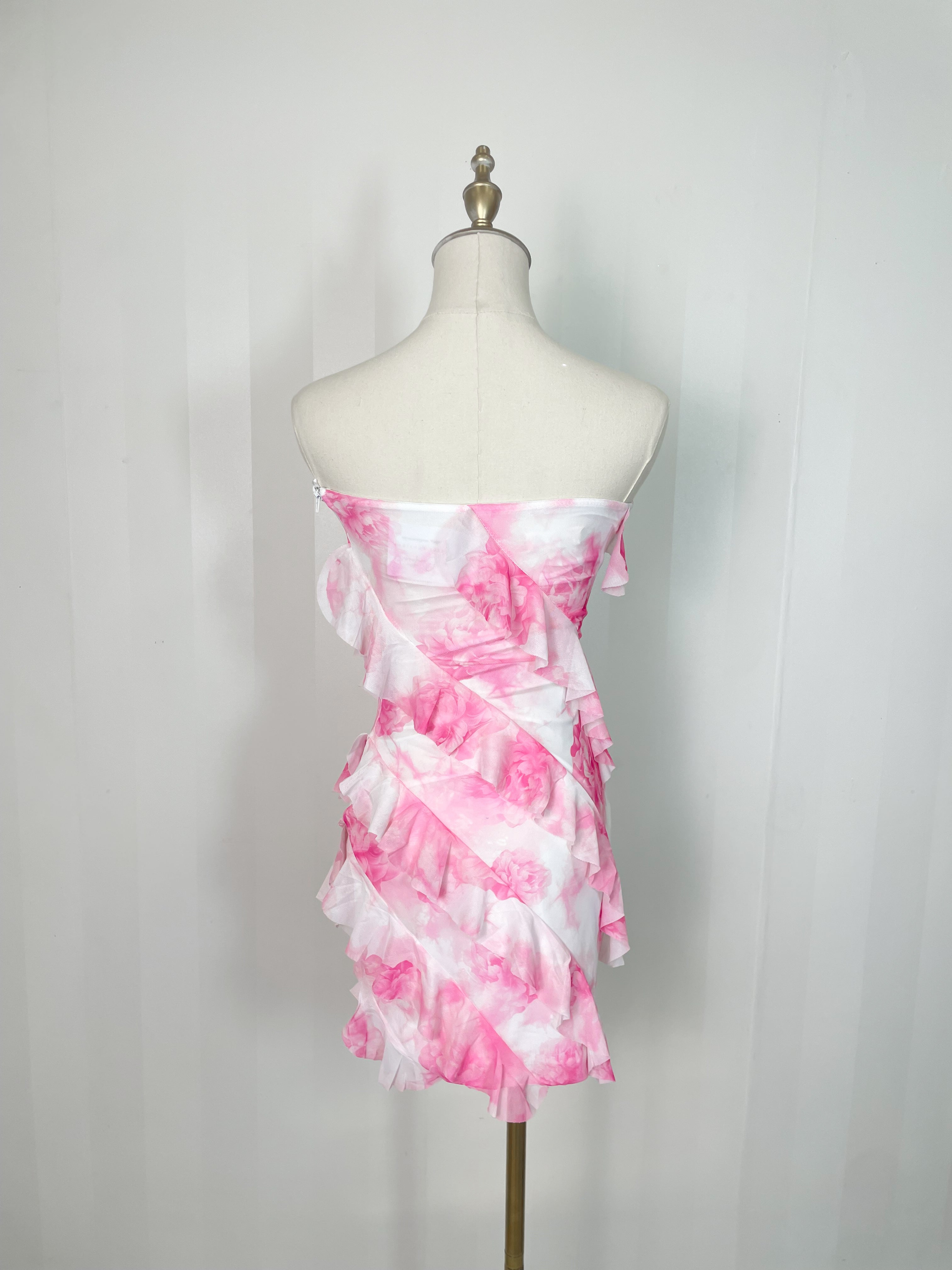 strapless floral ruffled mini dress
