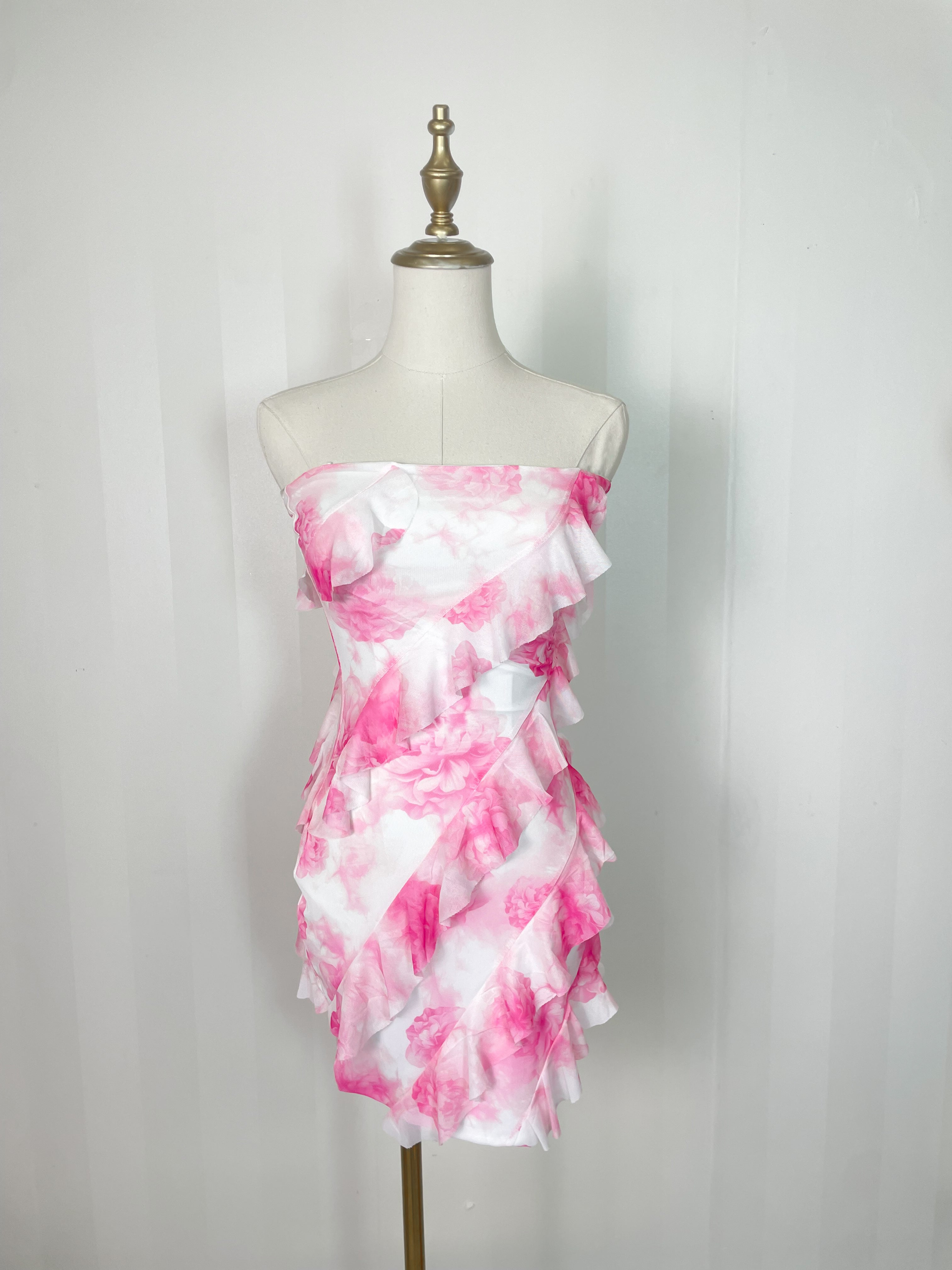 strapless floral ruffled mini dress