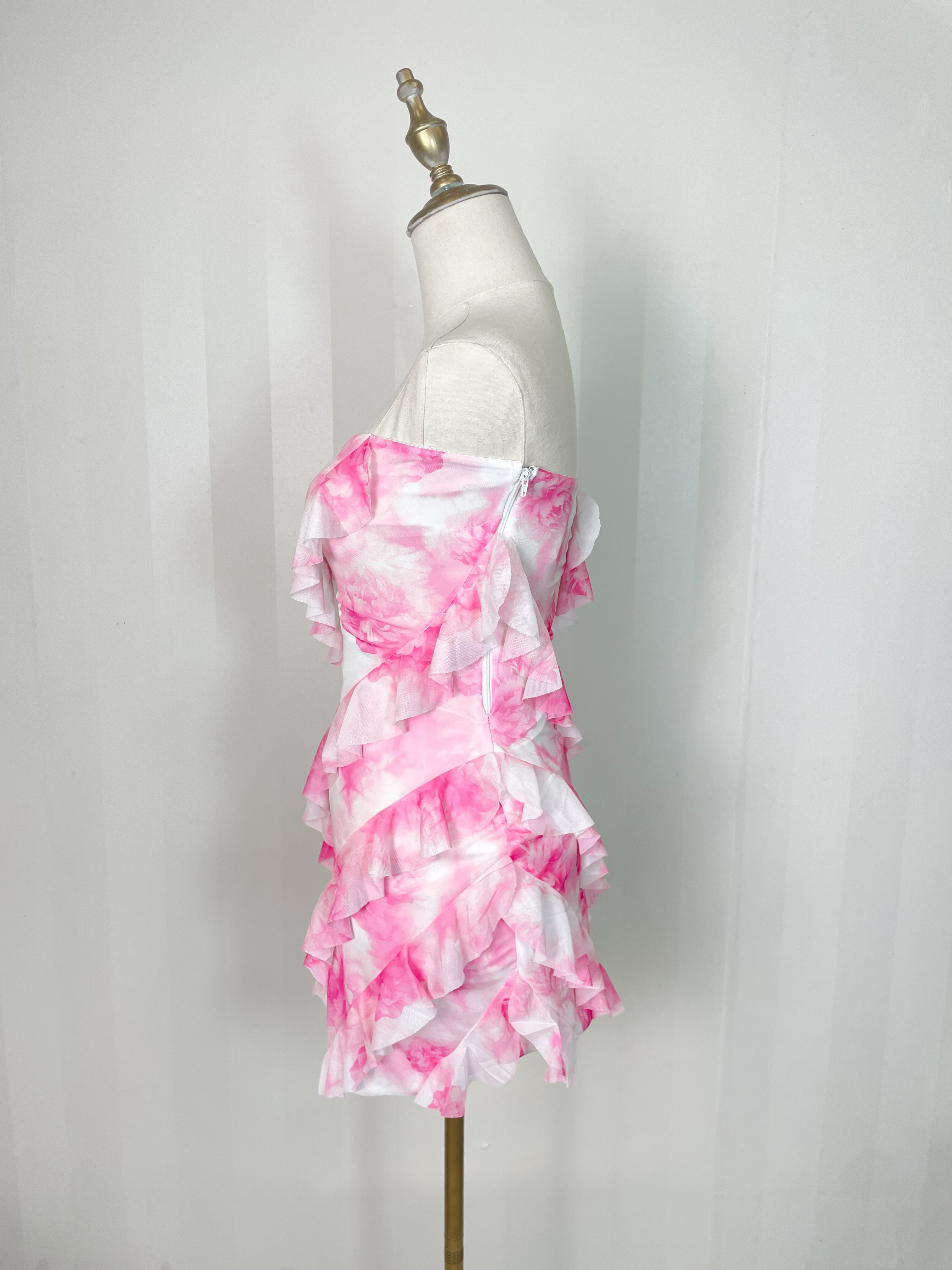 strapless floral ruffled mini dress