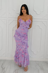 Lavender floral maxi dress with pink flower print, ruffled layers, thin spaghetti straps, and a sweetheart neckline
