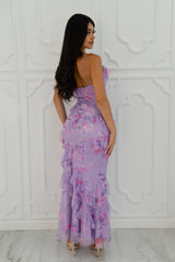 Lavender floral maxi dress with pink flower print, ruffled layers, thin spaghetti straps, and a sweetheart neckline