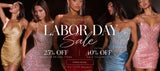 Labor Day Sale promotional banner featuring five models wearing different colored mini dresses, including gold, pink, red, and blue, with text offering 25% off and 40% off sale collection.