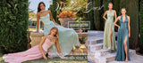 Four women modeling long wedding guest dresses in an outdoor garden setting with stone steps. The dresses are shown in light aqua, pale pink, sage green, and deep teal blue.