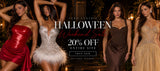 Four women modeling formal Halloween dresses in a dark, festive outdoor setting, with large promotional text reading 'Cleo Centric Halloween Weekend Sale 20% OFF Entire Site' over the center.