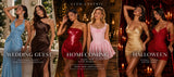 A promotional banner featuring three panels of models wearing different formal dresses: a light blue wedding guest gown, a dark brown homecoming gown, a red sequined homecoming gown, a pink homecoming gown, and a gold Halloween gown, with text labels for each style.