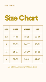 A size chart graphic for CLEO CENTRIC, showing a table with sizes S, M, and L and corresponding bust, waist, and hip measurements in inches on a light cream background.