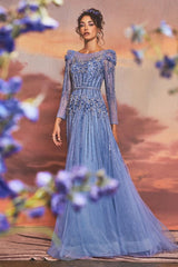 embellished floor-length gown with long sheer sleeves and structured shoulders