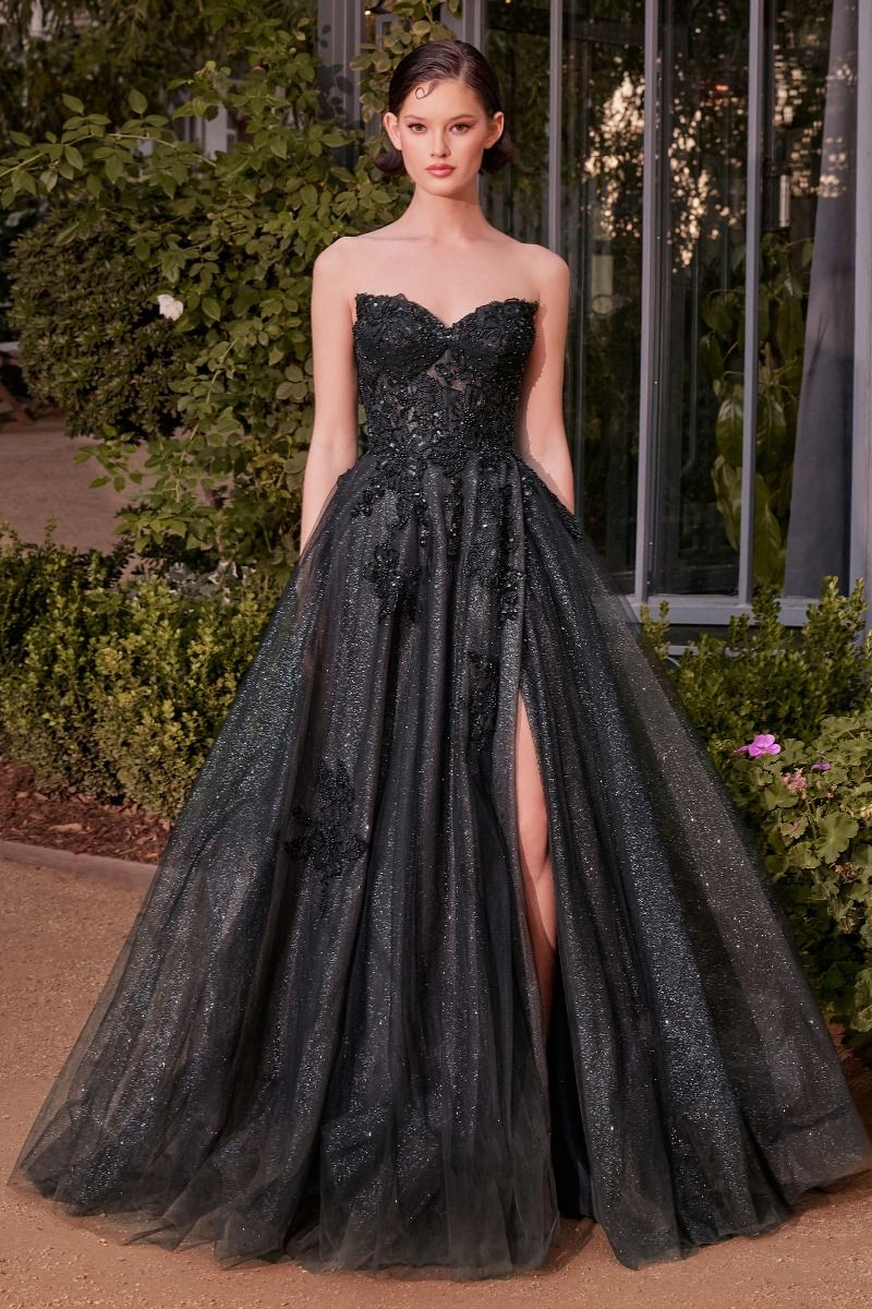 A-line dress features a strapless pointed sweetheart neckline and a beautifully embellished bodice, adorned with floral sequin appliqué