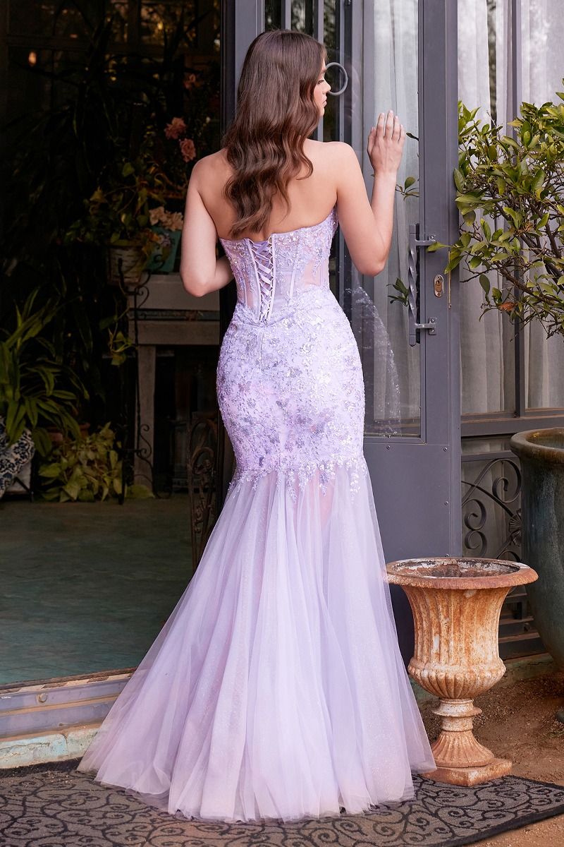 mermaid gown, featuring a strapless neckline and a shimmering sequin floral motif