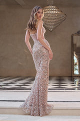  fitted gown showcases a strapless sweetheart neckline and an illusion corset bodice 