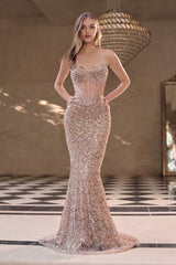  fitted gown showcases a strapless sweetheart neckline and an illusion corset bodice 