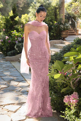 strapless fitted gown adorned with intricate beadwork and floral embroidery