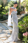 strapless fitted gown adorned with intricate beadwork and floral embroidery