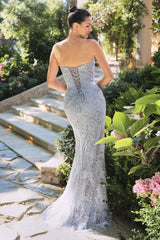 strapless fitted gown adorned with intricate beadwork and floral embroidery