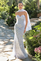 strapless fitted gown adorned with intricate beadwork and floral embroidery