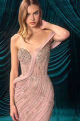 Woman wearing a pink evening gown with sequin details against a teal curtain background