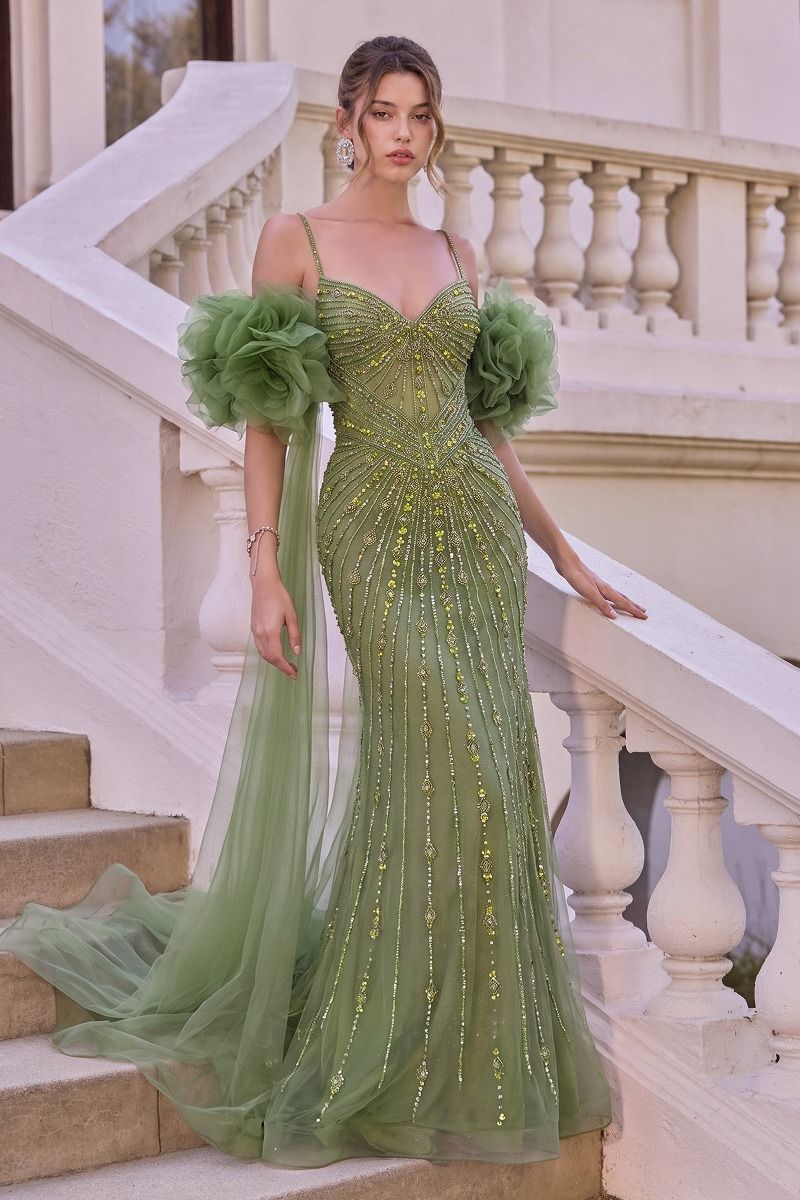 A woman models a floor-length sage green gown with voluminous ruffled puff sleeves, a fitted bodice, and vertical beadwork, standing on outdoor stone steps beside a white balustrade.