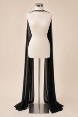 A black sheer cape-style drape with a short train, displayed on a white mannequin torso against a plain beige studio background.