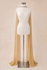 A draped champagne beige sheer fabric cape with a beaded neckline, displayed on a cream-colored mannequin torso with a silver stand against a solid beige background.