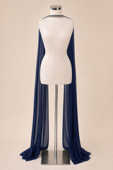 A navy blue sheer draped cape or shawl displayed on a white mannequin torso with a silver stand, set against a solid beige background.
