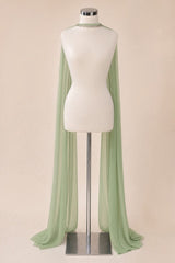 A pale sage green sheer chiffon cape draped over a white mannequin torso, displayed on a silver stand against a solid beige background.