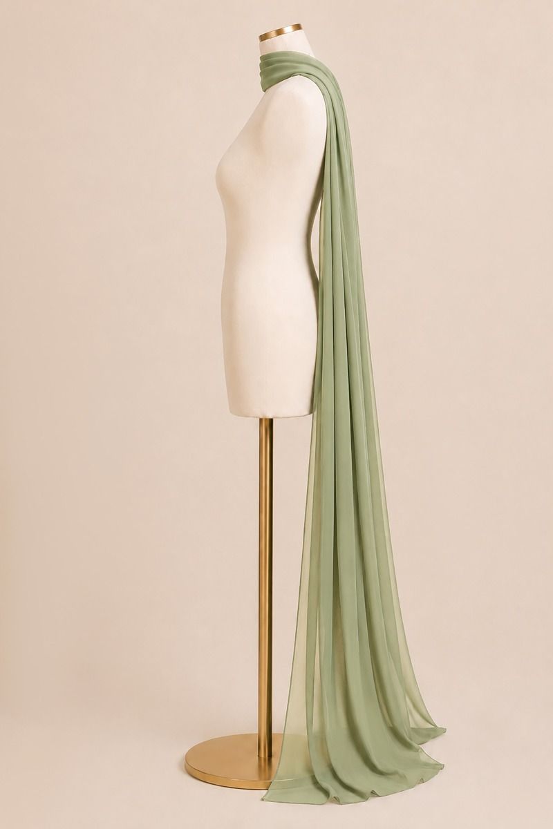 A sage green sheer scarf draped over a cream-colored mannequin torso on a gold stand, set against a solid beige background.