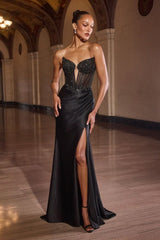 fitted gown featuring a sculpted corset bodice adorned with shimmering beadwork and intricate embellishments