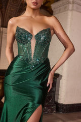 fitted gown featuring a sculpted corset bodice adorned with shimmering beadwork and intricate embellishments