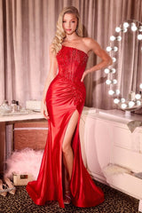  fitted gown designed with an asymmetrical strapless neckline and a sheer boned bodice adorned in intricate beadwork