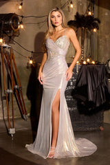  fitted gown is crafted from lustrous metallic fabric 