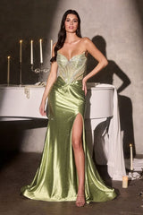 fitted gown showcases a sheer corset bodice embellished with intricate beadwork and rhinestone detailing