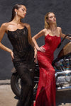 fully beaded gown features a sleek, fitted silhouette