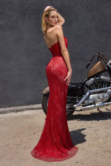 fully beaded gown features a sleek, fitted silhouette