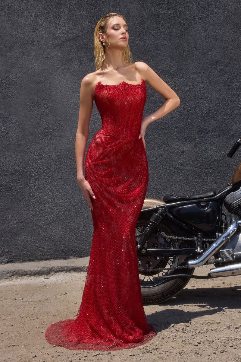 fully beaded gown features a sleek, fitted silhouette