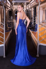 Model wearing a fitted evening gown with thin straps, plunging neckline, lace-up open back, and high side slit, detailed with shimmering embellishments and floor-length train