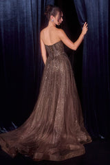 Espresso embellished strapless gown with an illusion plunge corset bodice, detachable glitter tulle overskirt, lace-up back, fitted silhouette, and sweeping train