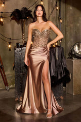 fitted gown stuns with a strapless sweetheart neckline and a crystal-embellished sheer corset bodice
