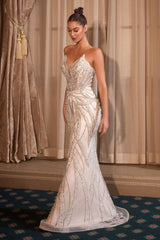 itted strapless gown features a plunging neckline and an embellished contouring motif that beautifully enhances your silhouette.
