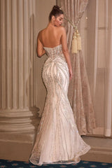itted strapless gown features a plunging neckline and an embellished contouring motif that beautifully enhances your silhouette.