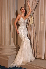 itted strapless gown features a plunging neckline and an embellished contouring motif that beautifully enhances your silhouette.
