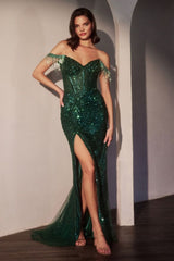 fitted gown, featuring a striking fringe off-the-shoulder neckline and a sheer, intricately beaded bodice