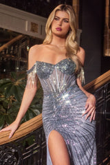 fitted gown, featuring a striking fringe off-the-shoulder neckline and a sheer, intricately beaded bodice