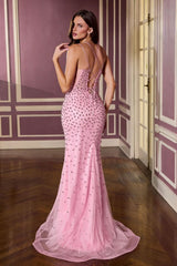 fitted gown features a flattering sweetheart neckline and shimmering crystal embellishments