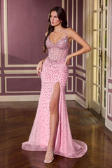fitted gown features a flattering sweetheart neckline and shimmering crystal embellishments
