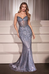 sheer corset-style bodice and sweetheart neckline.