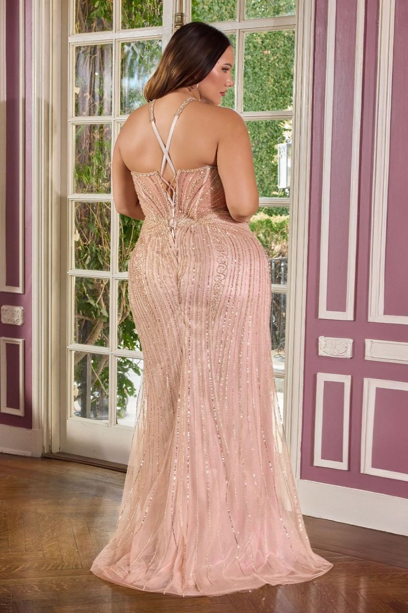 fitted gown featuring a chic halter keyhole neckline and a striking racerback design