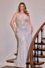 fitted gown featuring a chic halter keyhole neckline and a striking racerback design